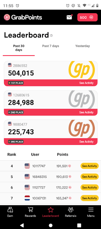 App celular de Grabpoints con las competiciones