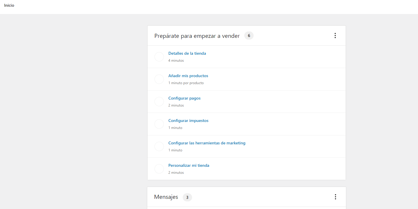 Inicio en Woocommerce